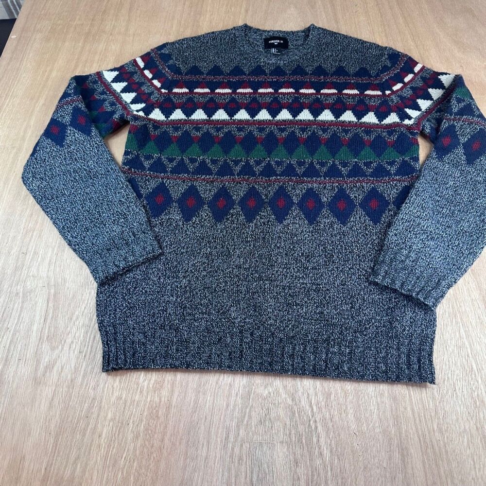 Forever 21 Men's Size Large Fair Isle Knit Sweater Gray Multicolor Crew Neck